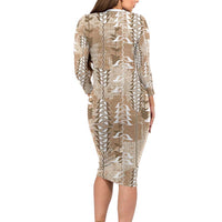 Beige Hawaii Tapa Pattern Long Sleeve Bodycon Dress With Heliconia Vintage Style LT05 - Polynesian Pride