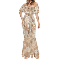 Beige Hawaii Tapa Pattern Mermaid Dress With Heliconia Vintage Style LT05 - Polynesian Pride
