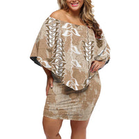 Beige Hawaii Tapa Pattern Off Shoulder Short Dress With Heliconia Vintage Style LT05 Women Beige - Polynesian Pride