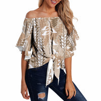 Beige Hawaii Tapa Pattern Off Shoulder Wrap Waist Top With Heliconia Vintage Style LT05 - Polynesian Pride