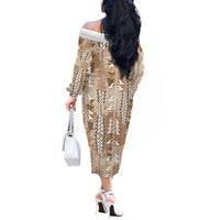 Beige Hawaii Tapa Pattern Off The Shoulder Long Sleeve Dress With Heliconia Vintage Style LT05 - Polynesian Pride