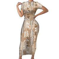 Beige Hawaii Tapa Pattern Short Sleeve Bodycon Dress With Heliconia Vintage Style LT05 Long Dress Beige - Polynesian Pride