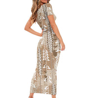 Beige Hawaii Tapa Pattern Short Sleeve Bodycon Dress With Heliconia Vintage Style LT05 - Polynesian Pride