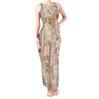 Beige Hawaii Tapa Pattern Tank Maxi Dress With Heliconia Vintage Style LT05 Women Beige - Polynesian Pride