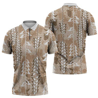 Beige Hawaii Tapa Pattern Zipper Polo Shirt With Heliconia Vintage Style LT05 - Polynesian Pride