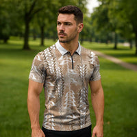 Beige Hawaii Tapa Pattern Zipper Polo Shirt With Heliconia Vintage Style LT05 - Polynesian Pride