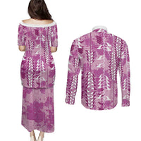 Magenta Hawaii Tapa Pattern Couples Matching Puletasi and Long Sleeve Button Shirt With Heliconia Vintage Style LT05 - Polynesian Pride