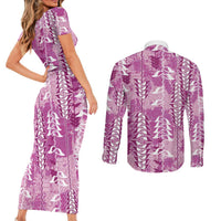Magenta Hawaii Tapa Pattern Couples Matching Short Sleeve Bodycon Dress and Long Sleeve Button Shirt With Heliconia Vintage Style