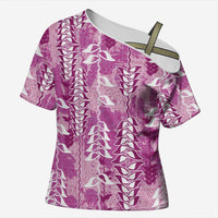 Magenta Hawaii Tapa Pattern Cross Shoulder Shirt With Heliconia Vintage Style LT05 Female Magenta - Polynesian Pride