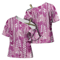 Magenta Hawaii Tapa Pattern Cross Shoulder Shirt With Heliconia Vintage Style LT05 - Polynesian Pride
