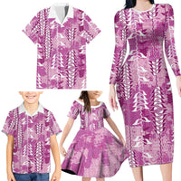 Magenta Hawaii Tapa Pattern Family Matching Long Sleeve Bodycon Dress and Hawaiian Shirt With Heliconia Vintage Style