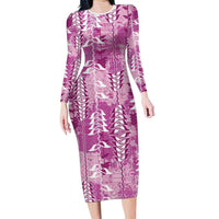 Magenta Hawaii Tapa Pattern Family Matching Long Sleeve Bodycon Dress and Hawaiian Shirt With Heliconia Vintage Style