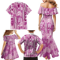 Magenta Hawaii Tapa Pattern Family Matching Mermaid Dress and Hawaiian Shirt With Heliconia Vintage Style