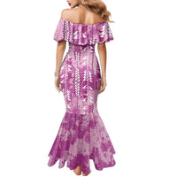 Magenta Hawaii Tapa Pattern Family Matching Mermaid Dress and Hawaiian Shirt With Heliconia Vintage Style