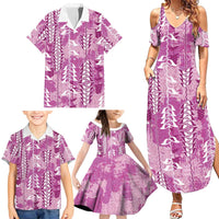 Magenta Hawaii Tapa Pattern Family Matching Summer Maxi Dress and Hawaiian Shirt With Heliconia Vintage Style