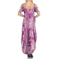 Magenta Hawaii Tapa Pattern Family Matching Summer Maxi Dress and Hawaiian Shirt With Heliconia Vintage Style