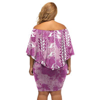 Magenta Hawaii Tapa Pattern Off Shoulder Short Dress With Heliconia Vintage Style LT05 - Polynesian Pride