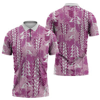 Magenta Hawaii Tapa Pattern Zipper Polo Shirt With Heliconia Vintage Style LT05 - Polynesian Pride