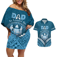 Personalised Fiji Happy Father's Day Couples Matching Off Shoulder Short Dress and Hawaiian Shirt Au Lomani Iko Dad Polynesian Tribal LT05 Blue - Polynesian Pride