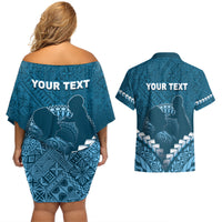Personalised Fiji Happy Father's Day Couples Matching Off Shoulder Short Dress and Hawaiian Shirt Au Lomani Iko Dad Polynesian Tribal LT05 - Polynesian Pride