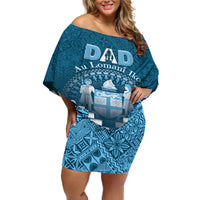 Personalised Fiji Happy Father's Day Off Shoulder Short Dress Au Lomani Iko Dad Polynesian Tribal LT05 Women Blue - Polynesian Pride