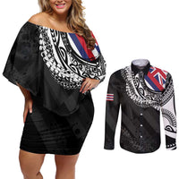 Hawaii Flag Day Couples Matching Off Shoulder Short Dress and Long Sleeve Button Shirt Hawaiian Maile Lei LT05 Black - Polynesian Pride