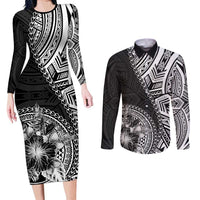Hibiscus With Black Austronesian Tattoo Pattern Couples Matching Long Sleeve Bodycon Dress and Long Sleeve Button Shirt LT05 Black - Polynesian Pride