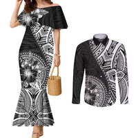 Hibiscus With Black Austronesian Tattoo Pattern Couples Matching Mermaid Dress and Long Sleeve Button Shirt LT05 Black - Polynesian Pride