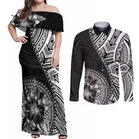 Hibiscus With Black Austronesian Tattoo Pattern Couples Matching Off Shoulder Maxi Dress and Long Sleeve Button Shirt LT05 Black - Polynesian Pride