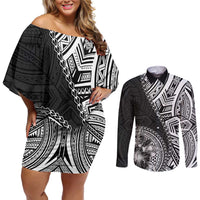 Hibiscus With Black Austronesian Tattoo Pattern Couples Matching Off Shoulder Short Dress and Long Sleeve Button Shirt LT05 Black - Polynesian Pride