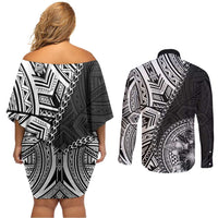 Hibiscus With Black Austronesian Tattoo Pattern Couples Matching Off Shoulder Short Dress and Long Sleeve Button Shirt LT05 - Polynesian Pride