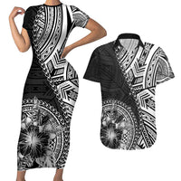 Hibiscus With Black Austronesian Tattoo Pattern Couples Matching Short Sleeve Bodycon Dress and Hawaiian Shirt - Polynesian Pride