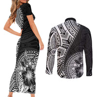 Hibiscus With Black Austronesian Tattoo Pattern Couples Matching Short Sleeve Bodycon Dress and Long Sleeve Button Shirt LT05 - Polynesian Pride
