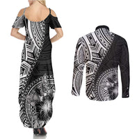 Hibiscus With Black Austronesian Tattoo Pattern Couples Matching Summer Maxi Dress and Long Sleeve Button Shirt LT05 - Polynesian Pride