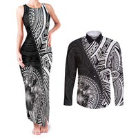 Hibiscus With Black Austronesian Tattoo Pattern Couples Matching Tank Maxi Dress and Long Sleeve Button Shirt LT05 Black - Polynesian Pride