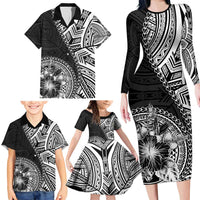 Hibiscus With Black Austronesian Tattoo Pattern Family Matching Long Sleeve Bodycon Dress and Hawaiian Shirt - Polynesian Pride