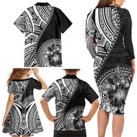 Hibiscus With Black Austronesian Tattoo Pattern Family Matching Long Sleeve Bodycon Dress and Hawaiian Shirt - Polynesian Pride