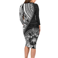 Hibiscus With Black Austronesian Tattoo Pattern Family Matching Long Sleeve Bodycon Dress and Hawaiian Shirt - Polynesian Pride