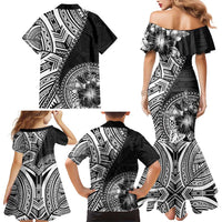 Hibiscus With Black Austronesian Tattoo Pattern Family Matching Mermaid Dress and Hawaiian Shirt - Polynesian Pride