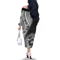 Hibiscus With Black Austronesian Tattoo Pattern Family Matching Off The Shoulder Long Sleeve Dress and Hawaiian Shirt - Polynesian Pride