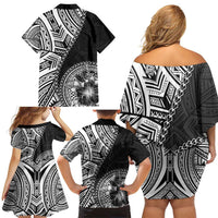 Hibiscus With Black Austronesian Tattoo Pattern Family Matching Off Shoulder Short Dress and Hawaiian Shirt - Polynesian Pride