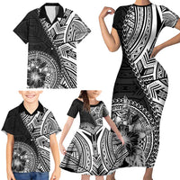 Hibiscus With Black Austronesian Tattoo Pattern Family Matching Short Sleeve Bodycon Dress and Hawaiian Shirt - Polynesian Pride