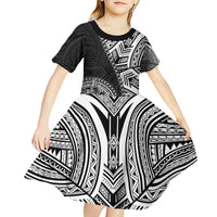 Hibiscus With Black Austronesian Tattoo Pattern Kid Short Sleeve Dress - Polynesian Pride