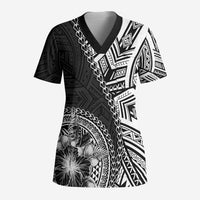 Hibiscus With Black Austronesian Tattoo Pattern Scrub Top LT05 Adult Black - Polynesian Pride