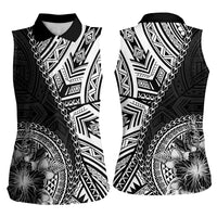 Hibiscus With Black Austronesian Tattoo Pattern Women Sleeveless Polo Shirt - Polynesian Pride