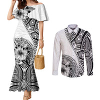 Hibiscus With White Austronesian Tattoo Pattern Couples Matching Mermaid Dress and Long Sleeve Button Shirt LT05 White - Polynesian Pride