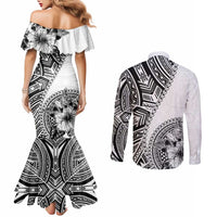 Hibiscus With White Austronesian Tattoo Pattern Couples Matching Mermaid Dress and Long Sleeve Button Shirt LT05 - Polynesian Pride