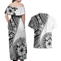 Hibiscus With White Austronesian Tattoo Pattern Couples Matching Off Shoulder Maxi Dress and Hawaiian Shirt - Polynesian Pride