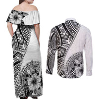 Hibiscus With White Austronesian Tattoo Pattern Couples Matching Off Shoulder Maxi Dress and Long Sleeve Button Shirt LT05 - Polynesian Pride