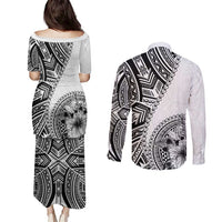 Hibiscus With White Austronesian Tattoo Pattern Couples Matching Puletasi and Long Sleeve Button Shirt LT05 - Polynesian Pride
